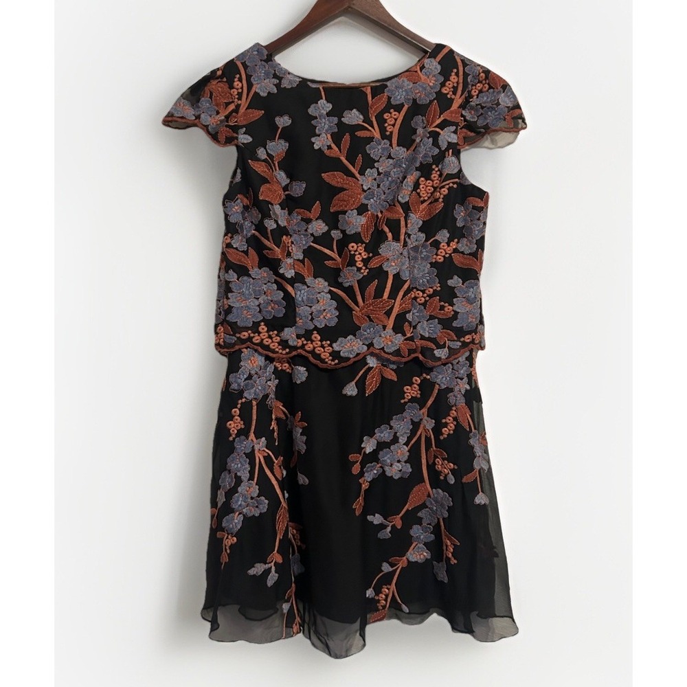 Anthropologie Black Mini Dress with Rust and Lavender Floral Embroidery